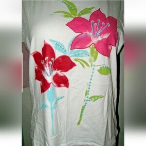 WHITE STAG White w/ Pink Red Green Blue Bold Floral Glitter Print Stretch Top XL
